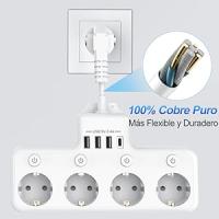 Regleta con Interruptores Individuales – 4 Enchufes + 3 Puertos USB | 1 USB-C | Enchufe Múltiple con Cable Corto de 5 cm | Adaptador de Pared Compacto, Blanco - details 3
