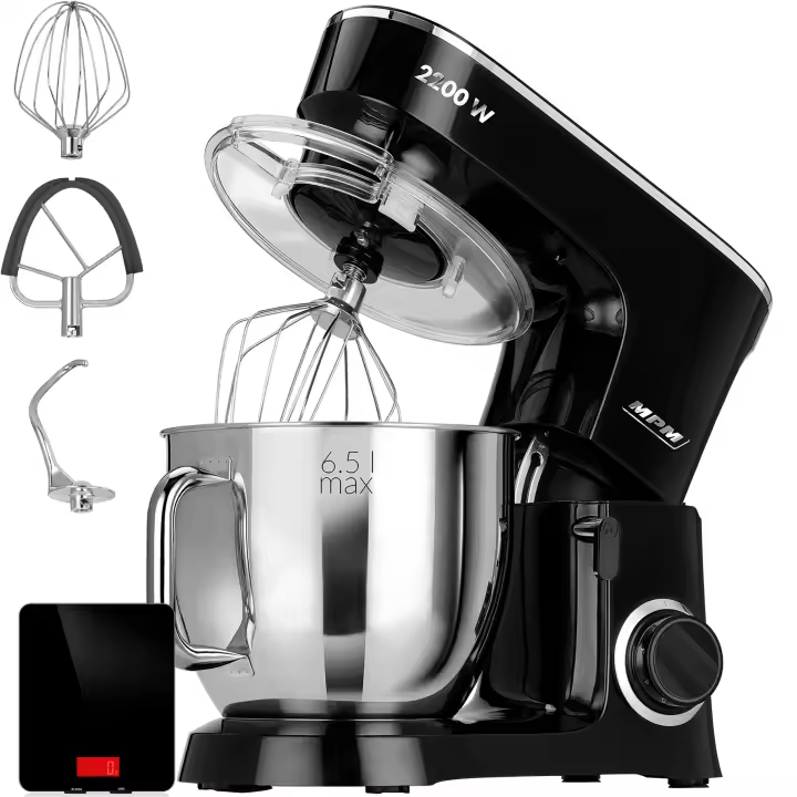 MPM MRK-19B Batidora Amasadora Repostería Profesional, Robot Cocina Orbital, 6,5L, 6 Velocidades Acero Inox, 2200W, Acero Inoxidable / Negro - 1