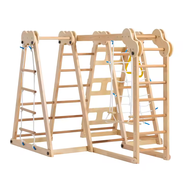 7 En 1 Parque Infantil de Madera plegable multifuncional con toboganes, bastones de Escalada, columnas, Cuerdas de Escalada, Escalera de Red, etc. - Certificado EN-71, apropiado para Uso Infantil en interiores, espacio y es seguro - 1