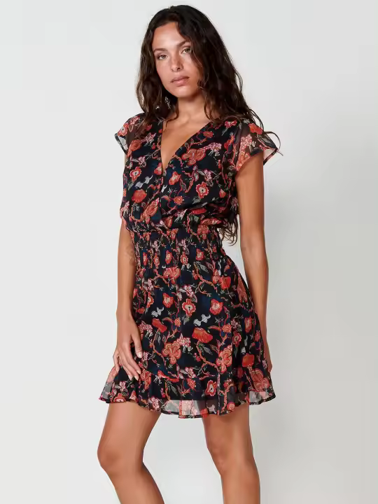 Koroshi Vestido Corto Semitransparente con Forro Elástico y Estampado Floral Multicolor para Mujer - 1
