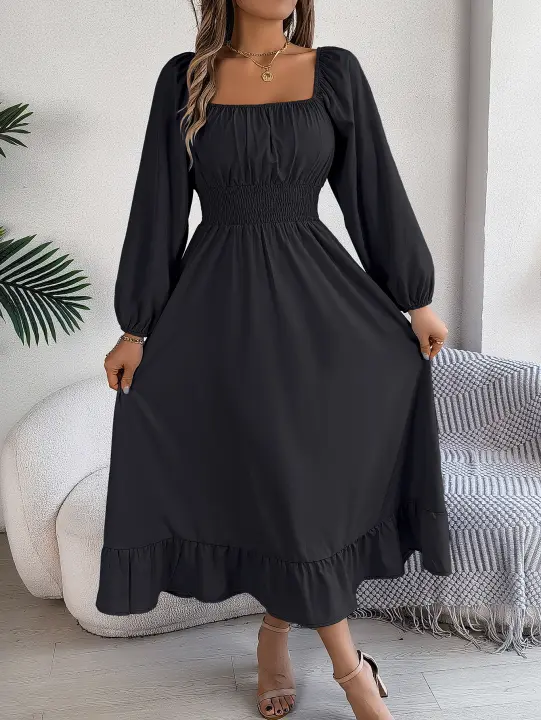 Vestido Largo Elegante De Verano Con Cuello Cuadrado Y Mangas Largas Para Damas De Honor Vestido De Mujer Con Borde Volante Y Cintura Alta - 1