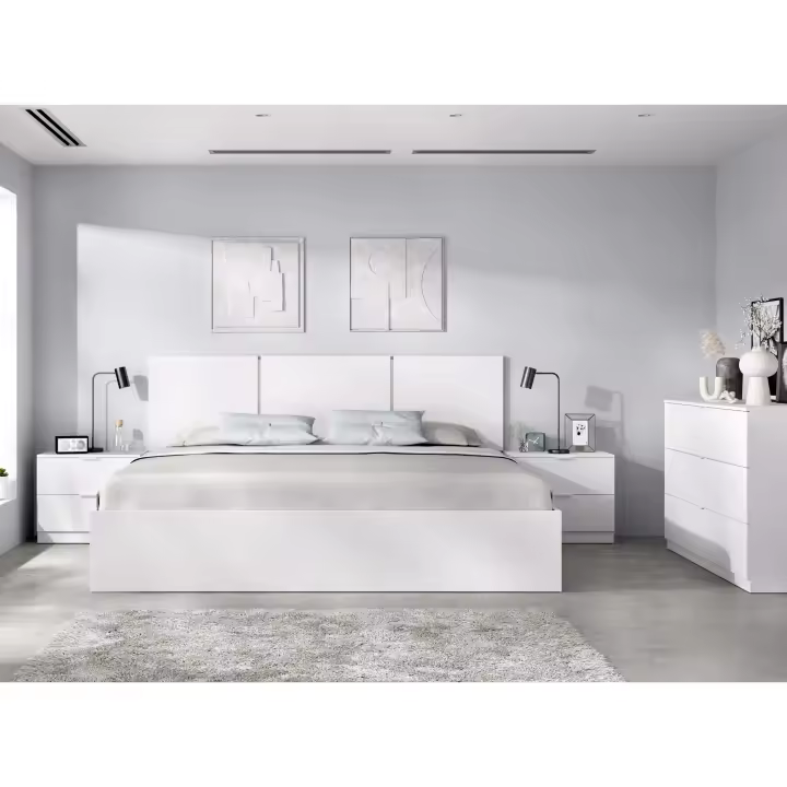 DEKIT GRUPO RIMOBEL HAVANA PACK . CONJUNTO DE CABEZAL DE 3 PLAFONES CON 2 MESITAS DE 2 CAJONES, ARO DE CAMA 135/140X190 Y COMODA DE 3 CAJONES - BLANCO - 1