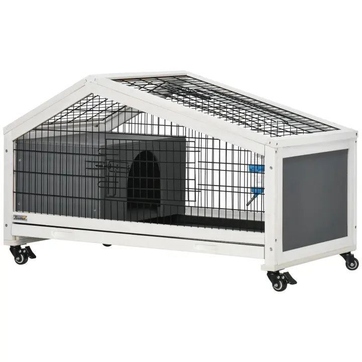 PawHut Conejera de Madera con Ruedas 90x53x55 cm Jaula de Conejillos con Bandeja Extraíble y Botella de Agua Casita para Animales Pequeños Gris Oscuro - 1