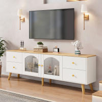 Mueble TV with almacenamiento, decorative mueble with 2 Puertas laterales Cristal Templado, entretenimiento TV Mesa decorative en Diseño Curvo, adecuada para Comedor, Salón, Zona de entrada, decoración en Madera Blanca - details 1