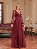 Vestido De Noche Elegante De Tulle Con Cuello En V Manga Larga Para Mujer Floor-Length Fiesta Cocktail Graduación Prom Chiffon - details 3