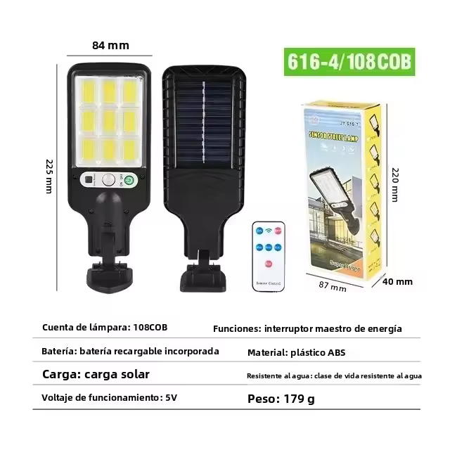 Lámpara De Pared Solar LED 108COB Para Exterior Con Sensor De Movimiento 3 Modos De Iluminación Seguridad Para Jardín Patio Camino Jardín - 1