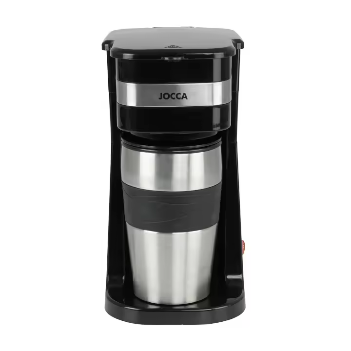 Cafetera de goteo individual Jocca con taza térmica de viaje 420 ml, filtro de malla reutilizable, apagado automático, interruptor ON/OFF con luz y termo de acero inoxidable apto para portavasos de coche. Ideal para café rápido y portátil. Potencia 750W - 1
