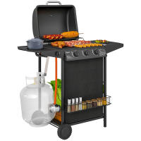 Outsunny Barbacoa de Gas BBQ Gas con 3+1 Quemadores 9,5 kW Barbacoa Portátil con Termómetro Mesa Lateral Estante Especiero Parrilla Recogedor de Grasa 2 Ruedas para Jardín Exterior Camping Negro - details 0