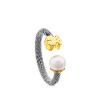Braided open ring for girls, fashionable design, adjustable ring, sterling silver ring for women, bear and pearl design, versatile, size open 53/56mm - details 1
