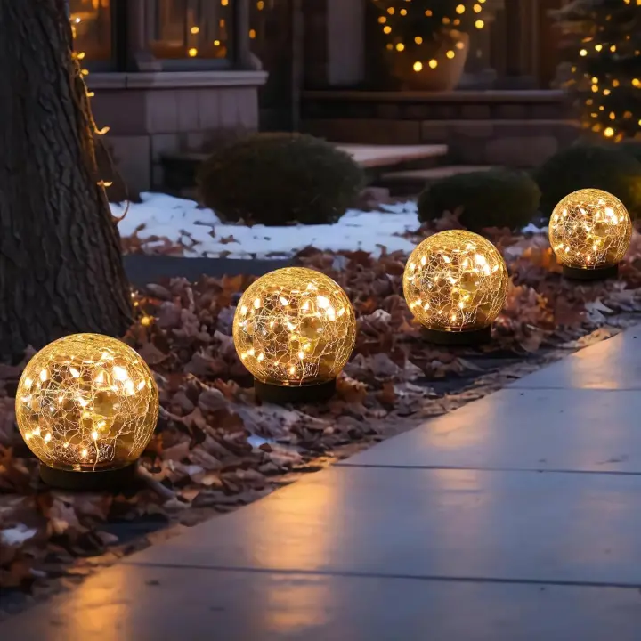 Luces solares de globo para exteriores, impermeables, bolas solares, luces solares para jardín, orbes solares para exteriores, paquete de 4, bolas de vidrio agrietado para césped, patio y jardín - 1