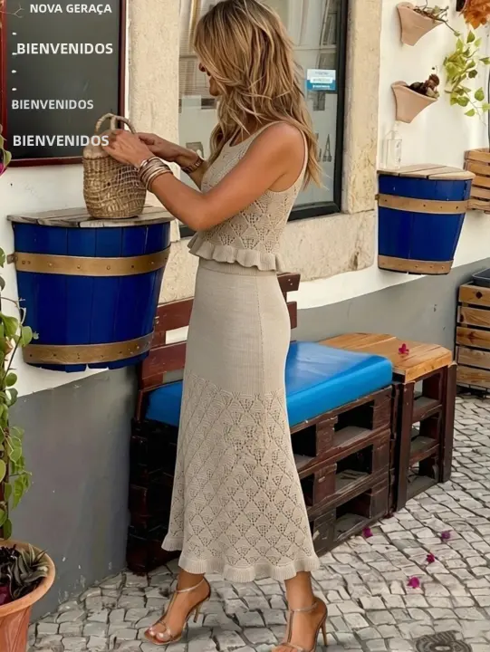 Conjunto De Ropa Elegante Para Mujer 2 Piezas Primavera/Verano 2026 Camisola Y Falda Midi De Punto Con Volante Y Salto Hollow out - 1