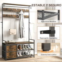 HOMCOM Perchero Zapatero 6 en 1, Perchero Entrada Recibidor con Banco, Zapatero Doble, 10 Ganchos Ajustables, 2 Cajones, Barra Colgante, Estilo Industrial, para Pasillo, 100x40x180 cm, Marrón Rústico - details 6