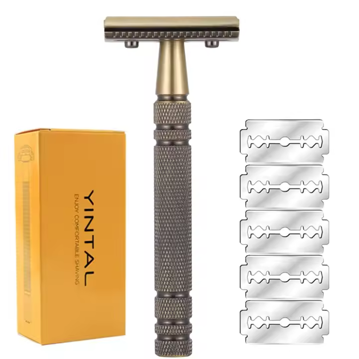 Afeitadora Clásica De Seguridad Para Hombres Con Cuchilla Intercambiable Estilo Latón Bronce Doble Faja Para Rostro Y Cuerpo - 1