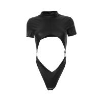 Bodysuit Sexy PU Para Mujer Color Negro Top Rave Outfit Con Manga Corta Hollow out Un-Piece Lencería Feminina Slim Fit Rayón - details 0