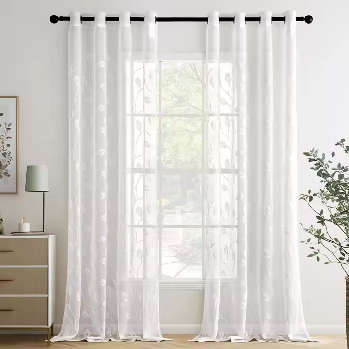 Cortinas Salon Modernas con Bordado de Hojas 2 Piezas, Lindas Cortinas Visillos Dormitorio Matrimonio con Ojales, Cortinas Translucidas Salón con Hojas Motivos Blanco - 1