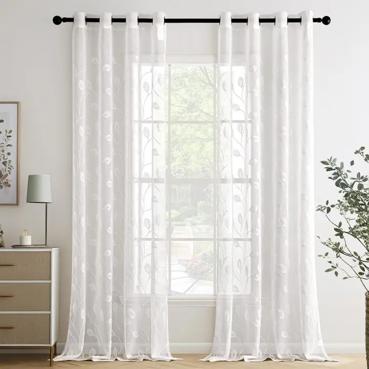 Cortinas Salon Modernas con Bordado de Hojas 2 Piezas, Lindas Cortinas Visillos Dormitorio Matrimonio con Ojales, Cortinas Translucidas Salón con Hojas Motivos Blanco - 1