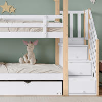 Litera, Cama en Casita de árbol extraible, Cama Corredera, Escalera with 4 cajones, Cama Infantil with Protección Contra Caídas y barandillas para Cuna, somier, natural + Blanco (90x200cm y 90x190cm) - details 1