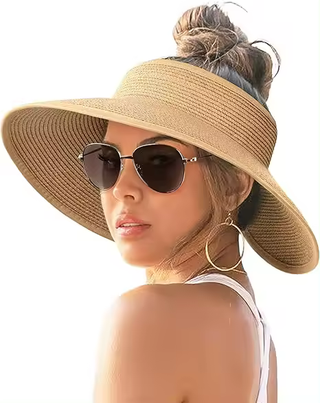 Sombrero de Ala Ancha para Mujer, de Paja, Con Cola de Caballo rizada, para Playa, Verano, Protección UV, plegable, para Viajes - 1