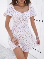 Vestidos Mini De Verano Para Mujer 2024 Estampado Floral Chiffon Estilo Playa Manga Puff Ajustado Cintura Natural Sin Capucha - details 7