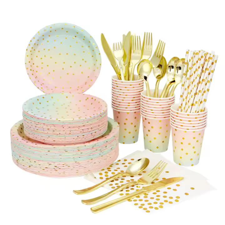 Juego de vajilla de Papel desechable colorido para vacaciones, banquetes, Hoteles, restaurantes, comida Occidental, Plato de Papel, Vaso de Papel, Cuchillo, TENEDOR, Cuchillo - 1