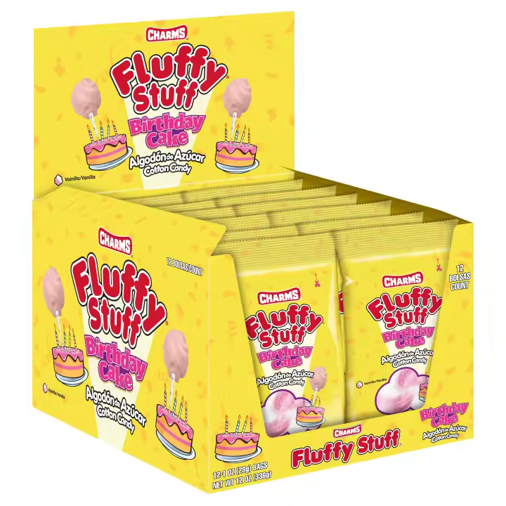 Algodón de Azúcar "Fluffy Stuff - Pastel de Cumpleaños" - Paquete de 12 bolsas - 28g - Sabor a Vainilla - Regalo Festivo y Dulce - 1