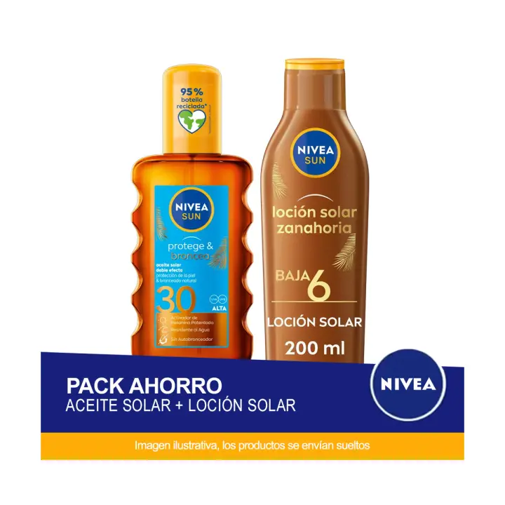 NIVEA SUN Pack ahorro protector solar - Contiene Aceite Solar en Spray Protege & Broncea FP30 + Loción solar zanahoria bronceado intenso SPF6 - 1