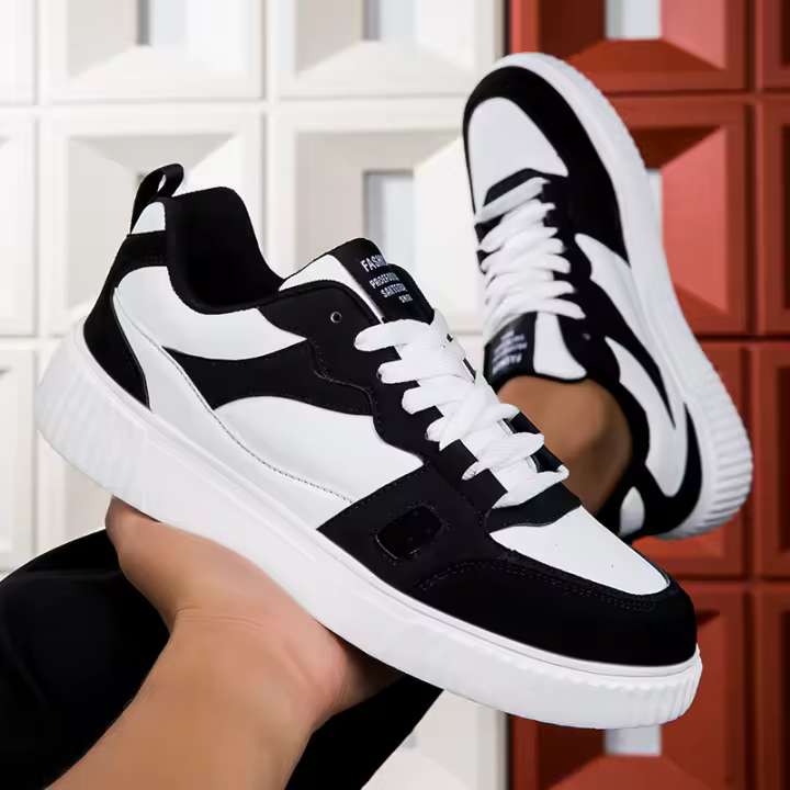 Zapatos De Correr Para Hombre Comodidad Cuero Plataforma Casual Zapatillas De Encaje Negras Blancas Para Caminar En El Exterior - 1