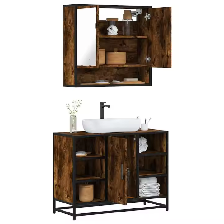 vidaXL Juego de muebles de baño 2 pzas madera contrachapada en color Negro/Roble ahumado/Marrón roble y más | almacenamiento funcional diseño moderno para baño dormitorio sala - 1