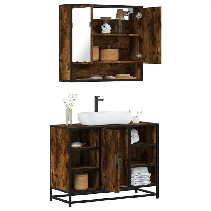vidaXL Juego de muebles de baño 2 pzas madera contrachapada en color Negro/Roble ahumado/Marrón roble y más | almacenamiento funcional diseño moderno para baño dormitorio sala - 1