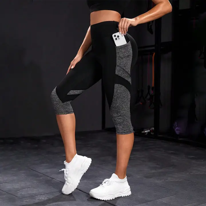 Capris De Yoga Para Mujer Con Bolsillos Y Control De Abdomen Colorblock Cintura Alta Leggings De Ejercicio De Pierna Completa Material Poliéster - 1