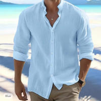 Camisa De Punto De Sarga Y Algodón Para Hombre Estilo Playa De Cuello En Pie Manga Larga Color Sólido Casual Versátil - details 3