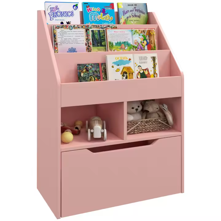 HOMCOM Estantería Infantil de Madera con 3 Compartimentos 2 Cubos y Cajón Móvil con 4 Ruedas Librería Infantil para Habitación de Niños Sala de Juegos 60x29,9x90 cm - 1