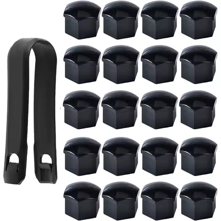 Tapas de protección para tuercas de rueda hexagonales de 17 mm de alta calidad con herramienta de extracción (paquete de 20, negras) - 1