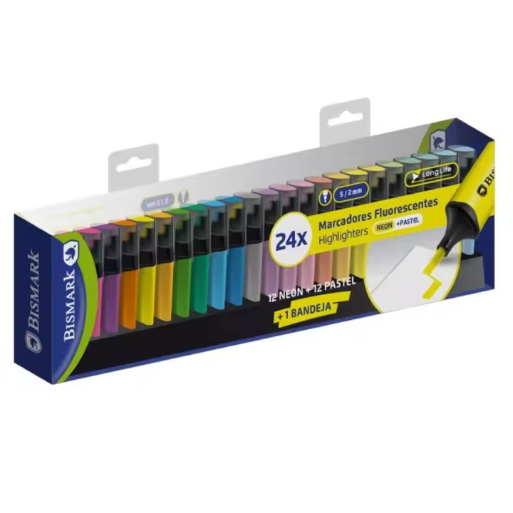 KIT 24 ROTULADORES FLUORESCENTES BISMARK LONG LIFE - GAMA DE COLORES NEON Y PASTEL - INCLUYE BASE PARA ESCRITORIO - 1