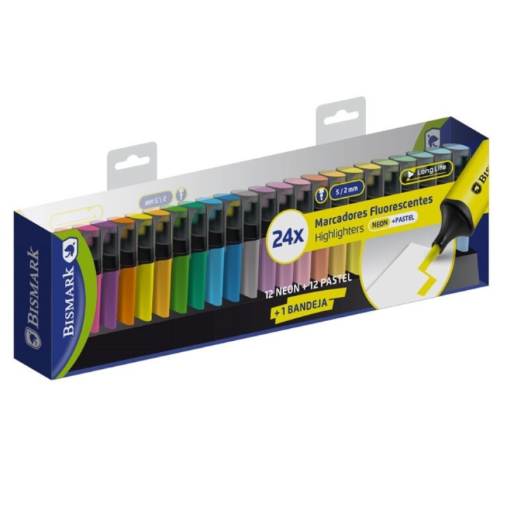 KIT 24 ROTULADORES FLUORESCENTES BISMARK LONG LIFE - GAMA DE COLORES NEON Y PASTEL - INCLUYE BASE PARA ESCRITORIO