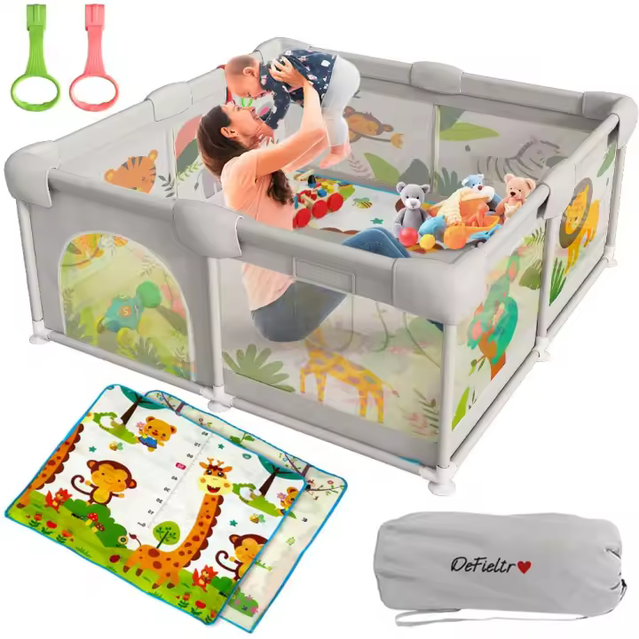 DeFieltro Parque Infantil Bebe de la SELVA 120x120 - Corralito Bebe con Malla de Animales Transpirable - Corral Plegable Baby ANTIDESLIZANTE con Alfombra Acolchada + 2 Anillas y Bolsa Portátil - 1