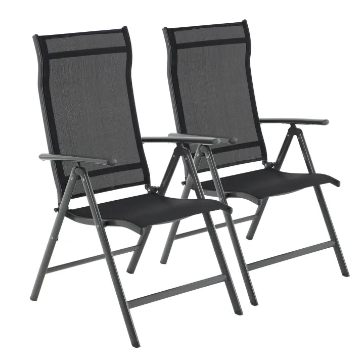 SONGMICS Juego de 2/4 Sillas de Jardín Plegable, Sillas para Exteriores con Estructura de Aluminio Resistente, Respaldo Retráctil en 8 Esquinas, Capacidad de Carga máxima 120 kg, Negro/Gris - 1