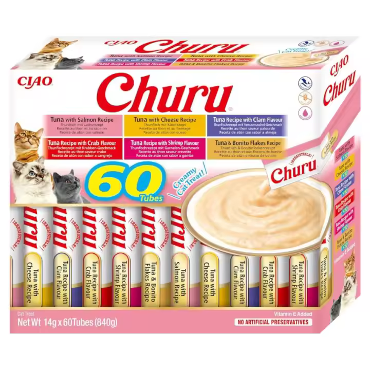 INABA Churu Box - Premios para Gatos - Snacks Saludables a Base de Atún, Varios Sabores - Textura Cremosa - Sin Cereales, Conservantes, Colorantes - 60x14g - 1