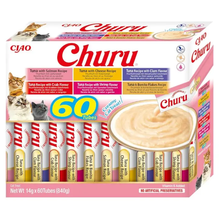INABA Churu Box - Premios para Gatos - Snacks Saludables a Base de Atún, Varios Sabores - Textura Cremosa - Sin Cereales, Conservantes, Colorantes - 60x14g - 1