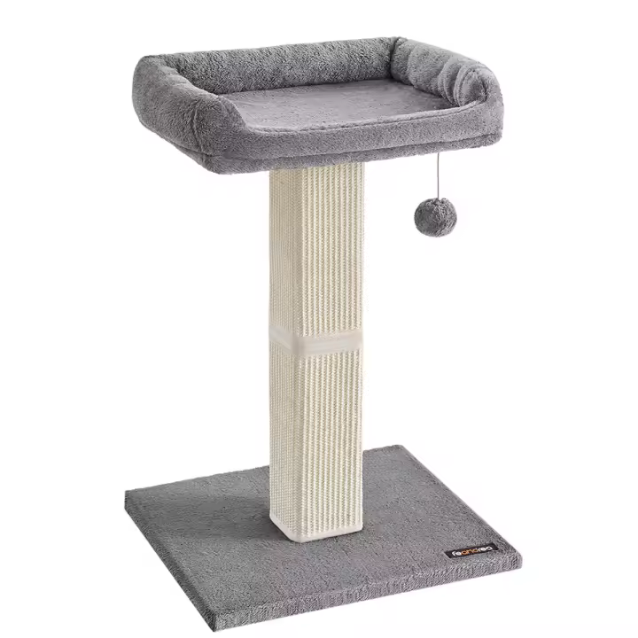 FEANDREA Rascador para Gatos, Poste de Rascado con Plataforma de Tela de Felpa de 40 x 30 cm, Árbol para Gatos, Altura de 68 cm, Poste de Sisal, con Pompón, Gris Claro/Gris Oscuro - 1
