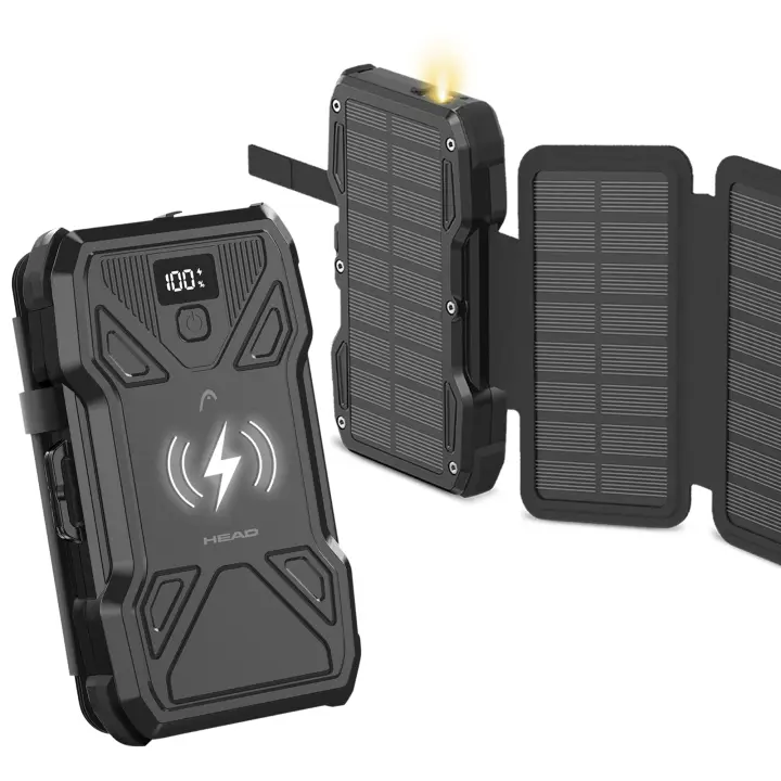 Powerbank solar HEAD 10.000 mAh, 22,5 W, Power Delivery, Carga simultánea, Carga inalámbrica, Cable incluido, Negro - 1