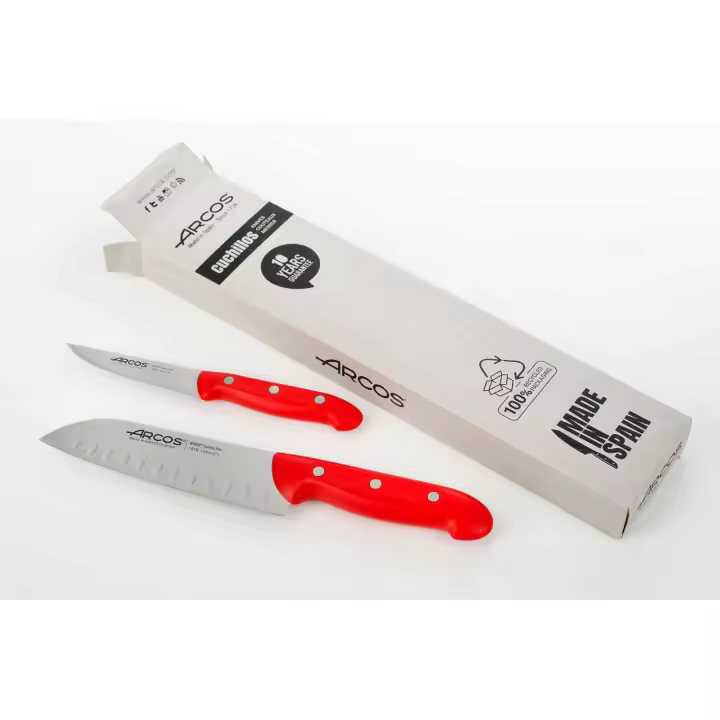 Arcos Juego Cuchillos Cocina | Cuchillos Cocina Arcos |2 pzas | Cuchillo Santoku de 170 mm | Cuchillo Mondador 100 mm| Acero Inoxidable NITRUM | Mango Rojo | Envase Eco - 1