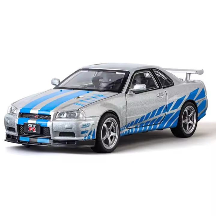 Coche De Deportes SKYLINE GTR R34 a Escala 1:32 Con Luz Y Sonido Modelo De Metal Para Niños Y Adultos Regalos Incluye Función De Retroceso - 1