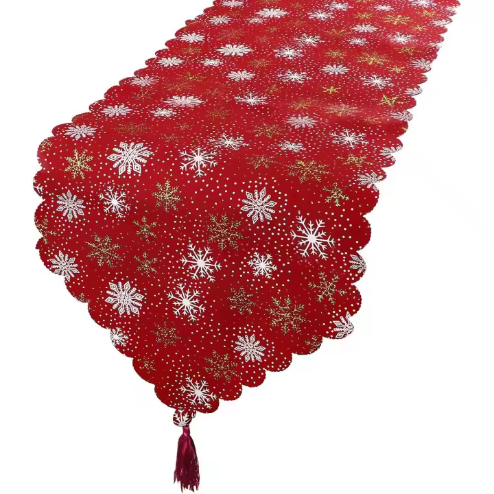 Camino de mesa navideño rojo de 35 x 180 cm, mantel de lino con estampado de copos de nieve, decoración navideña, manteles de lino (rojo) - 1
