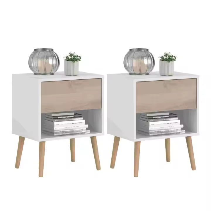 Juego de 2 Mesitas de Noche, Mesitas Auxiliares 1 Cajón, Mesillas de Noche Dormitorio Osaka Blanco y Roble Japonés - 1