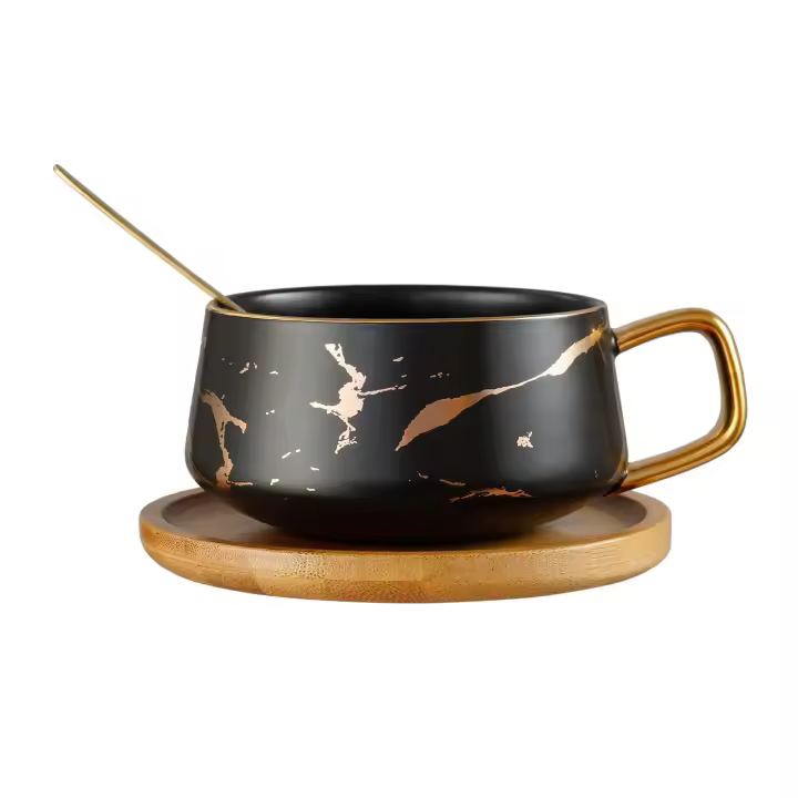 Juego de Taza de Café de Mármol Cerámico Cuchara Bandeja de Té de Madera - 1