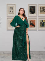 Conjunto De 3 Piezas Para Mujer Talla Grande Vestido De Novia Con Diseño De V-Neck Y Lentejuelas Adorno De Corazón De Diamante Verde Collar Y Aretes - details 3