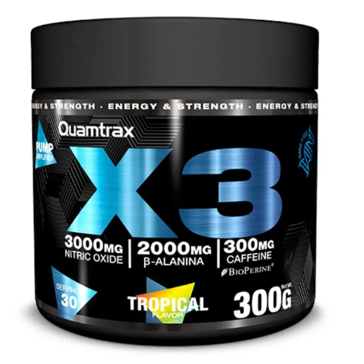 QUAMTRAX - Preentreno X3 300 gr. - Llega el nuevo X3, un suplemento pre-workout de Quamtrax Black Series para transformar tus entrenamientos al mejorar tu rendimiento. Aumentará tu motivación para ir al gimnasio, promoviendo mayores bombeos musculares - 1