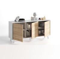 Meimon Aparador ZAIKEN PLUS de 3 puertas con sistema de apertura push, estantes interiores fijos, patas ABS blancas, estructura en melamina TIPO E1 en color Roble Canadian y Blanco Brillo, medidas 75x154x41 cm, capacidad máxima 40 kg - details 2