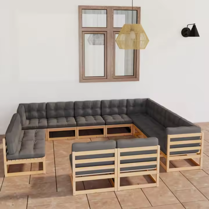 vidaXL Juego de muebles de jardín 12 pzas y cojines madera maciza pino - 1
